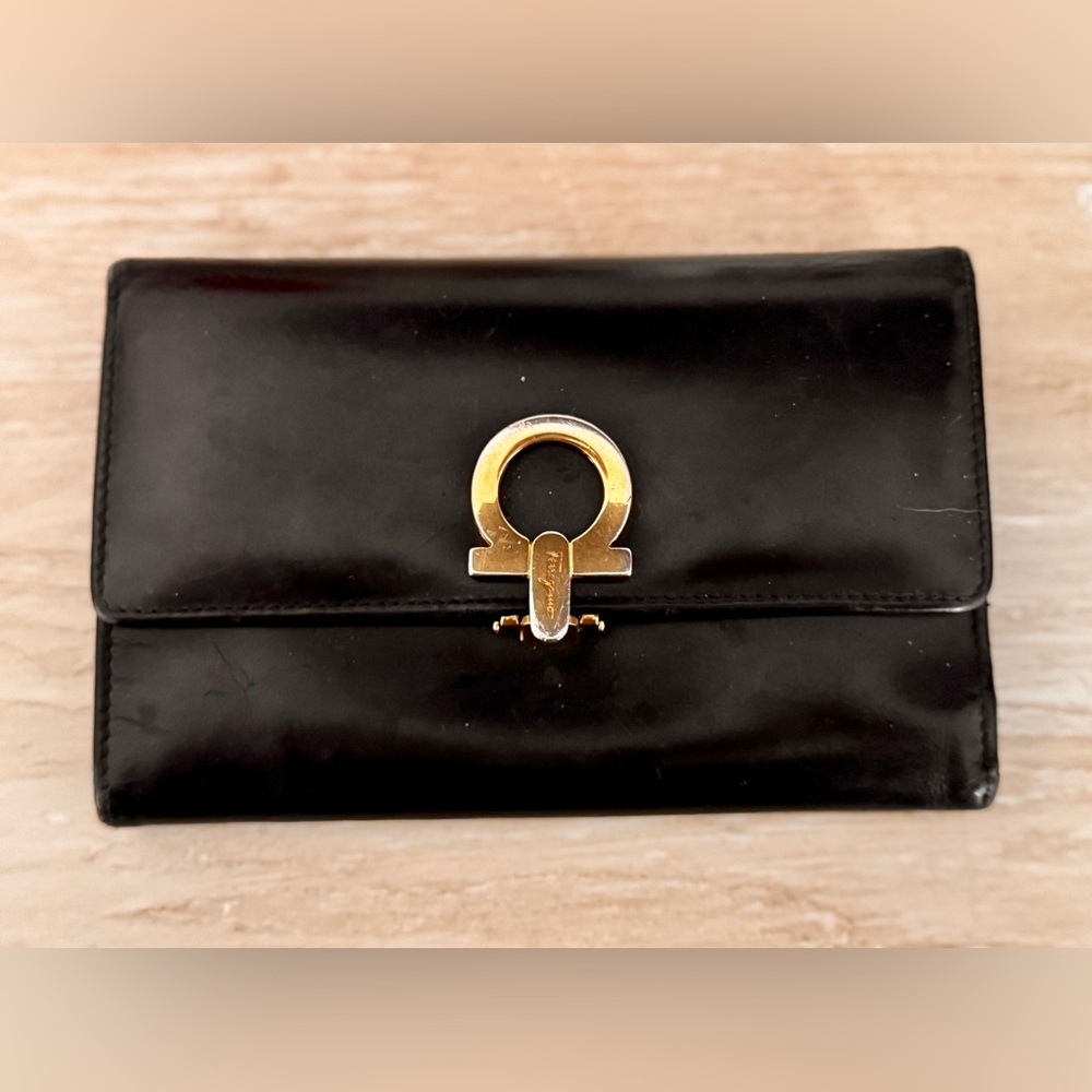 Ferragamo Black Leather Mid size Wallet with Gold Accent
